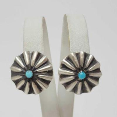 #558 â€¢ Native American Sterling Silver Turquoise Ruffle Earrings, 4g
