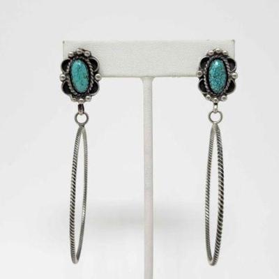 #540 â€¢ Native American Sterling Silver Turquoise Hoop Earrings, 14g
