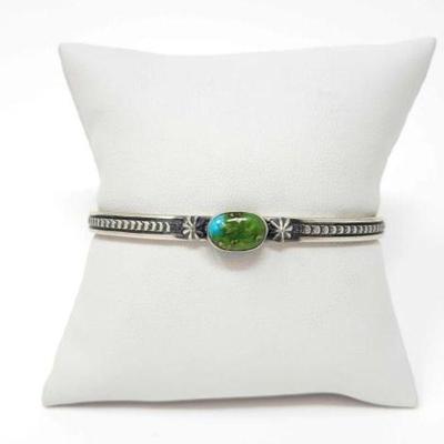 #530 â€¢ Native American Sterling Silver Dainty Turquoise Cuff, 16g
