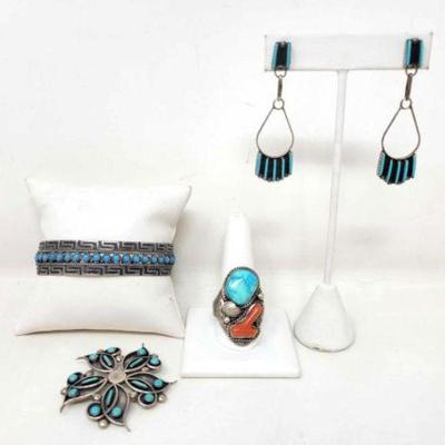 #2302 â€¢ Sterling Silver Turquoise Cuff, Ring, Earrings & Pin, 59g
