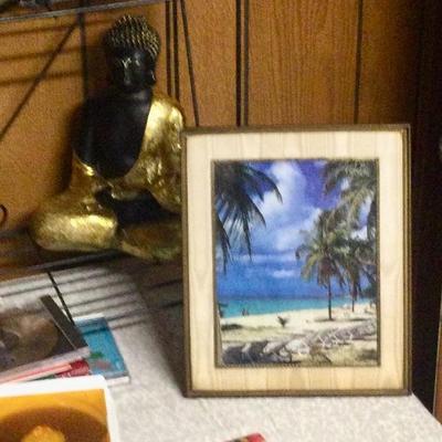 Framed items, buddah  statue
