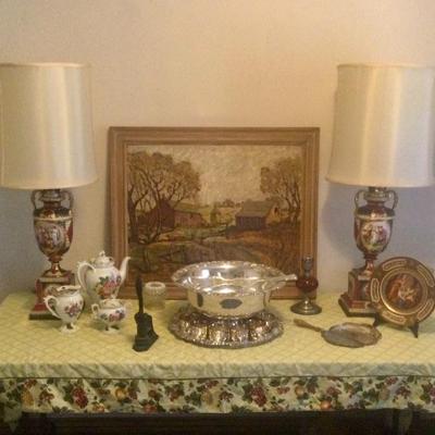 Silver plated punch bowl with liner and cups.
Beautiful antique lamps, porcelain plate and tea set. Antique notary stamp
