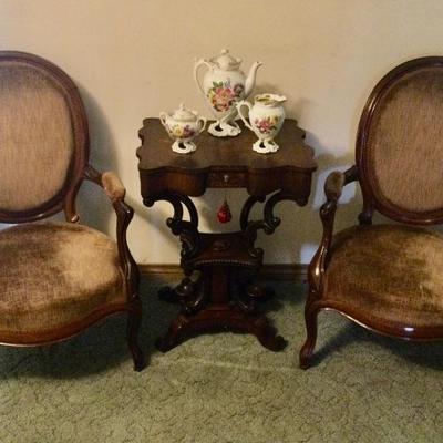 Victorian mahogany arm chairs, sewing table