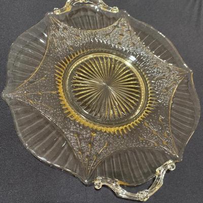 Pale Yellow Depression Glass Platter with Handles