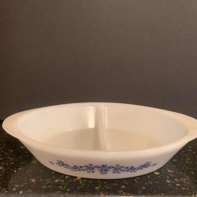 Vintage Glasbake Divided Vegetable Dish Blue Floral