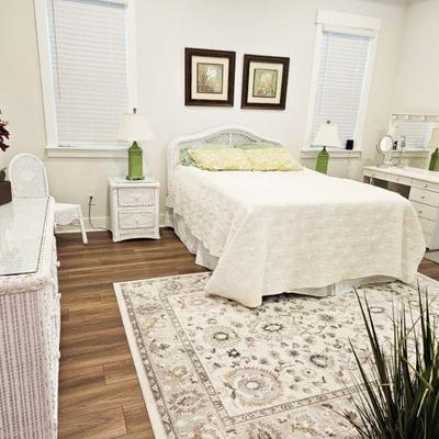 WHITE WICKER BED, NIGHTSTANDS AND LINEN