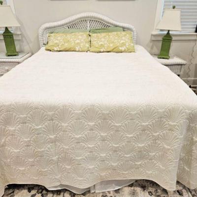 WHITE WICKER QUEEN BED WITH ALMOST NEW HIGH QUALITY MATTRESS SET
