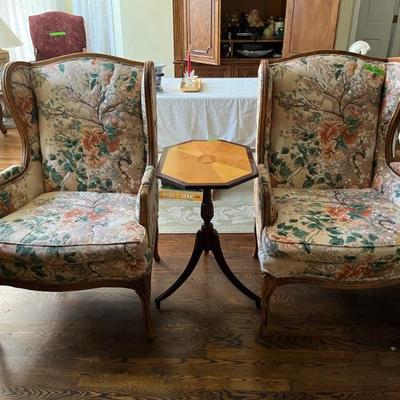 a pair of Louis XV, French provincial style wingback arm chairs with wood frames, great smaller size that will fit anywhere