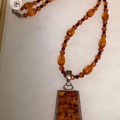 TTK130 Sterling Silver Amber Pendant On Beaded Necklace New