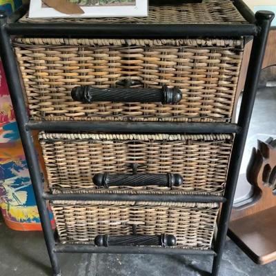 $25 Metal & wicker basket chest of 3 drawers 24â€H 15â€W 13â€depth