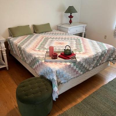 Q-size bed frame with free very clean mattress & bedding that includes handmade quilt
