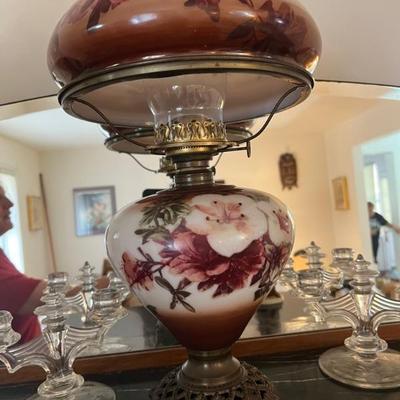 Antique oil lamp/ handpainted shade and font