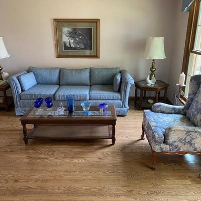Traditional Plunkett Furniture Blue Sofa, Blue White Wing Back Chair, Occasional Glass Tables