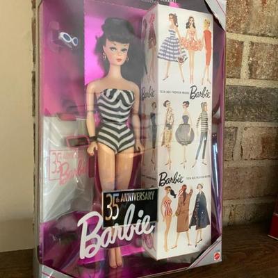 Barbie 35th Anniversary Doll, Reproduction with Barbie Box, Wearing Black White Swimsuit, Sunglasses.