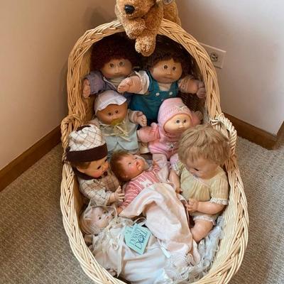 Wicker Baby Basket filled with Cabbage Patch Dolls, American Character