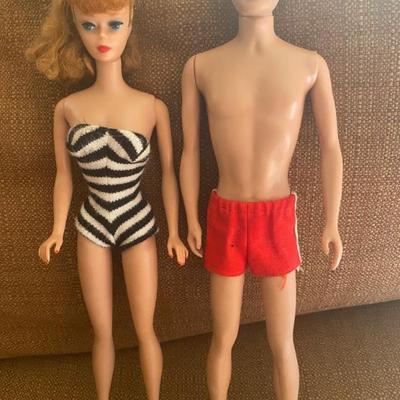 Vintage 1960's Barbie Titan Ponytail  B/W Swimsuit, Ken Doll Original Swimsuit Sandals