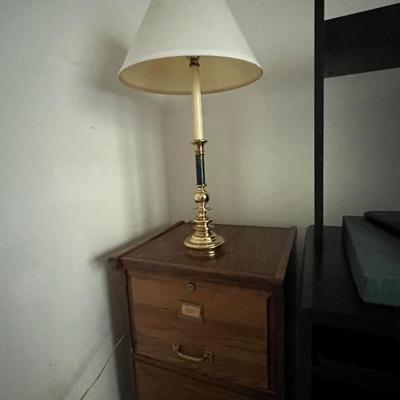 Candlestick lamp, wooden file cabinet