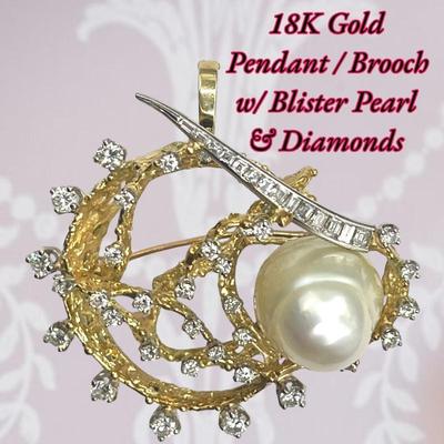 18K Gold Pendant / Brooch w/ Diamonds and Blister Pearl