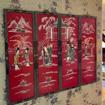 Red Lacquer Semi-Precious Asian Wall Panels