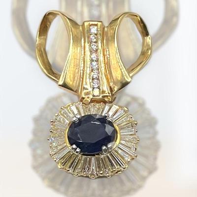 Blue Sapphire Pendant w/ Baguette Diamonds, set in Gold