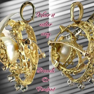 18K Gold Pendant / Brooch w/ Diamonds and Blister Pearl