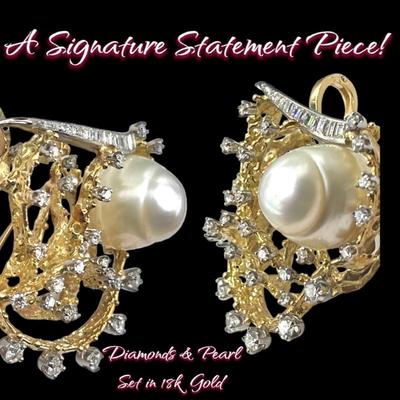 18K Gold Pendant / Brooch w/ Diamonds and Blister Pearl