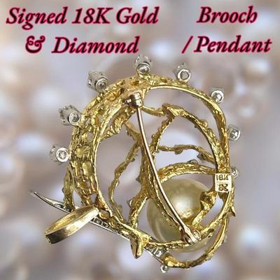 18K Gold Pendant / Brooch w/ Diamonds and Blister Pearl