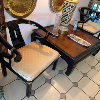 Chinoiserie James Mont Style Black Lacquer Chinese Side Chairs by Century Chair 