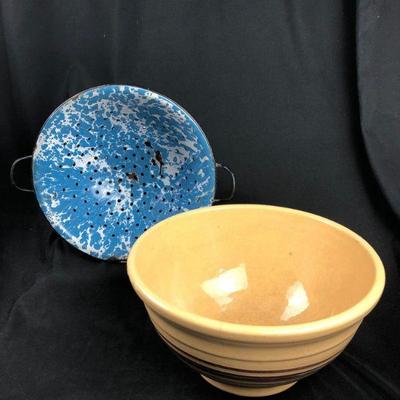 Vintage batter Bowl/ Enamelware Colander 