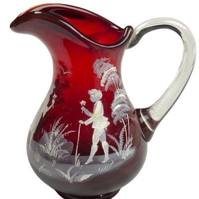 Murano Glass Cranberry Mary Gregory Style Pitcher