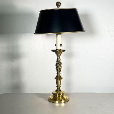 POLISHED BRASS LAMP | Spindle brass stem with corkscrew design and black lampshade with matching finial. - h. 25 x dia. 13 in (with...