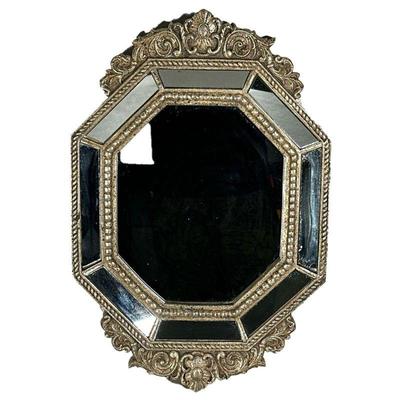 ROCOCO STYLE WALL MIRROR | Octagonal wall mirror with 8 beveled panels bordering mirror and carved scrollwork on top and bottom. - w. 14...