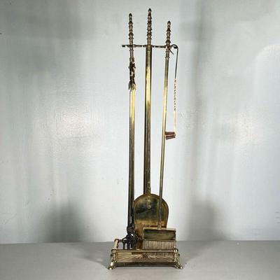 BRASS FIREPLACE TOOLS | Shining brass fireplace tools and holder including a candle snuffer. - l. 9 x w. 5.5 x h. 32 in 
