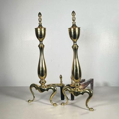 (2PC) PAIR IRON AND POLISHED BRASS ANDIRONS | Spindle polished brass andiron with iron legs and base. - l. 17 x w. 8 x h. 21.5 in 