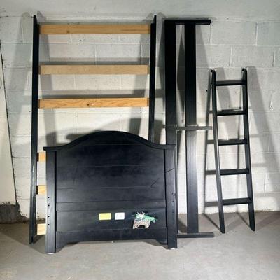 CHILDRENâ€™S BUNK BED | Black bunk bed with top railing and ladder. - l. 82 x w. 44 in 