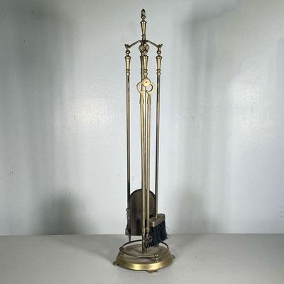 BRASS FIREPLACE TOOLS & HOLDER | Fireplace tools hung from center hook on circular base. - h. 33.5 x dia. 8 in 
