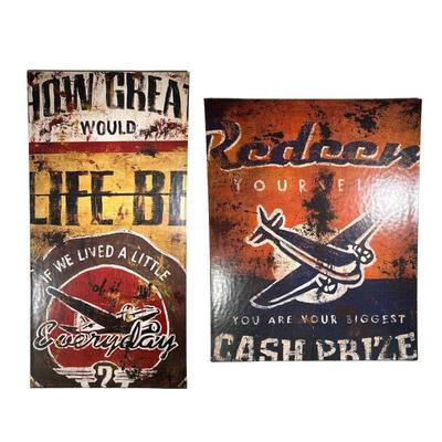 (2PC) PAIR VINTAGE AIRPLANE SIGN PAINTINGS | Paintings of distressed and weathered vintage signs with inspirational messages and...