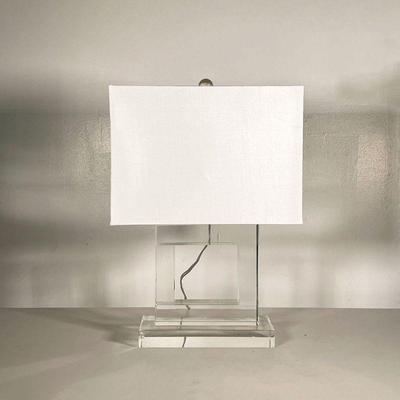 RECTANGULAR CUT GLASS LAMP | Large rectangular clear cut glass lamp with rectangular white lamp shade. - l. 14 x w. 7 x h. 20.5 in (with...