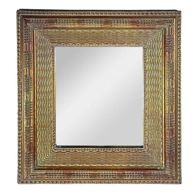 MIRROR IN HAND PATTERNED FRAME | 9 x 11.5 in mirror set in wave pattern painted wood frame. - w. 17 x h. 19 in 