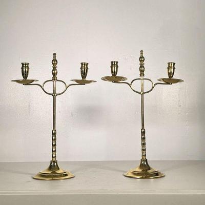 (2PC) PAIR ADJUSTABLE BRASS CANDLESTICKS | Pair of height adjustable brass candlesticks, each with 2 candle holders. - l. 10.5 x w. 5 x...