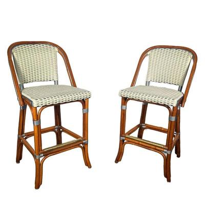 (2PC) PAIR BENT BAMBOO WOVEN CHAIRS | Italian bar stools, high top woven barstools with brass footrests, well-made; seat height 26in. -...