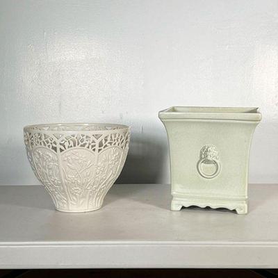 (2PC) CERAMIC PLANTERS | Includes light green square planter with lion carving and Lenox white round planter with floral designs. - l....