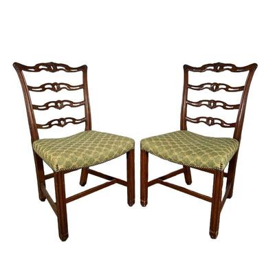 (6PC) CARVED RIBBON BACK DINING CHAIRS | Riveted border on green and yellow cushion with carved ladder back. 19in seat height. - l. 21 x...