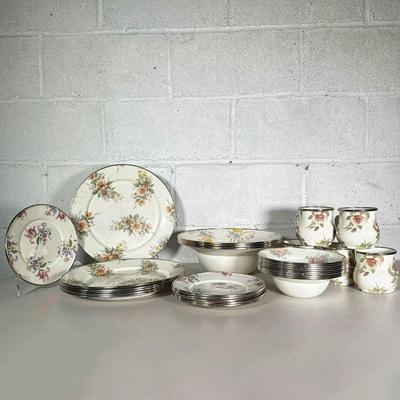 (29PC) CAMP MACKENZIE-CHILDS DISH SET | C. 1995 floral enamelware dishes, including: 6 dinner plates, 6 small plates, 8 bowls, 3 large...