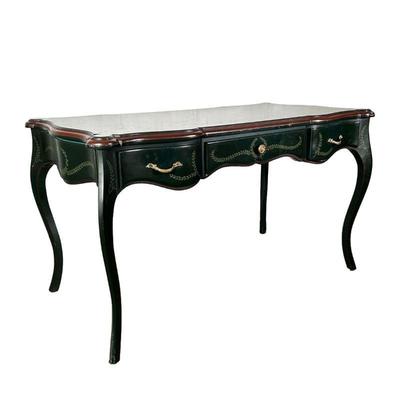 LOUIS XIV STYLE DARK GREEN DESK | Dark green desk with green paint and red trim, painted vine decoration, three drawers. - l. 51 x w. 28...