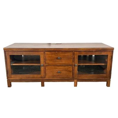 ETHAN ALLEN CONSOLE | Media console / tv stand with double glass doors centering two drawers. - l. 60 x w. 24 x h. 23.5 in 