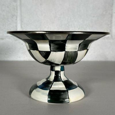MACKENZIE-CHILDâ€™S CHECKERBOARD COMPOTE | Checkered compote bowl with silver painted rim. - h. 5 x dia. 7.75 in 