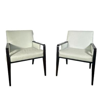 (2PC) HICKORY BUSINESS FURNITURE WHITE LEATHER ARMCHAIRS | White leather armchairs with mahogany arms and legs. Seat height 18.5in. - l....