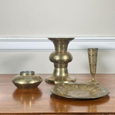 (4PC) MIXED INDIAN HAMMERED AND ENGRAVED BRASS | Includes; large hammered and engraved brass candlestick, a small brass vase, hammered...