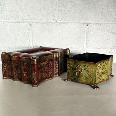 (2PC) CARVED & PAINTED DECORATIVE BOXES | Hand carved and gilt decorated wooden box with green lined interior, plus a contemporary tole...